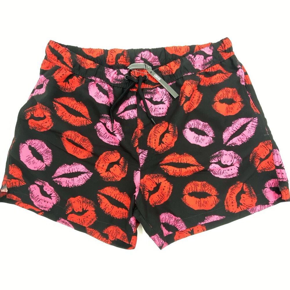 NWT Asos Swim Trunks Board Shorts Lips Pink Red Mens XL
